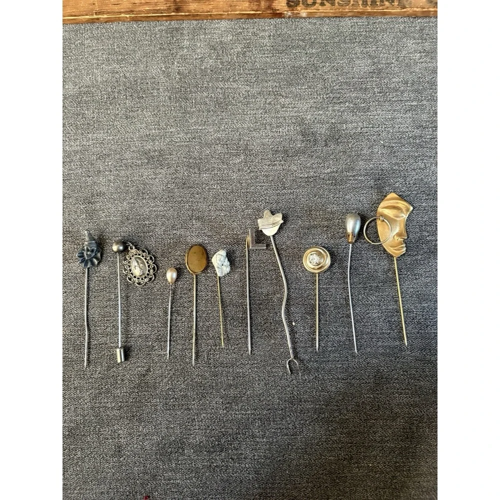 Lot Of 10 Vintage Stick Pins Gold Tone, Silver Tone, Stone, Clown, Alpaca, MCM